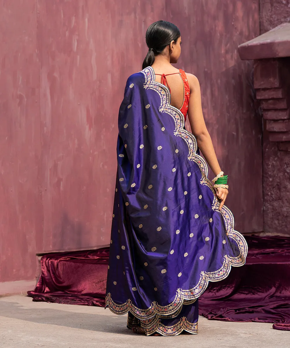 Purple Handloom Pure Katan Silk Banarasi Saree With Meenakari And Scalloped Border