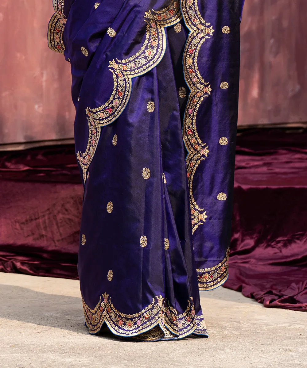 Purple Handloom Pure Katan Silk Banarasi Saree With Meenakari And Scalloped Border