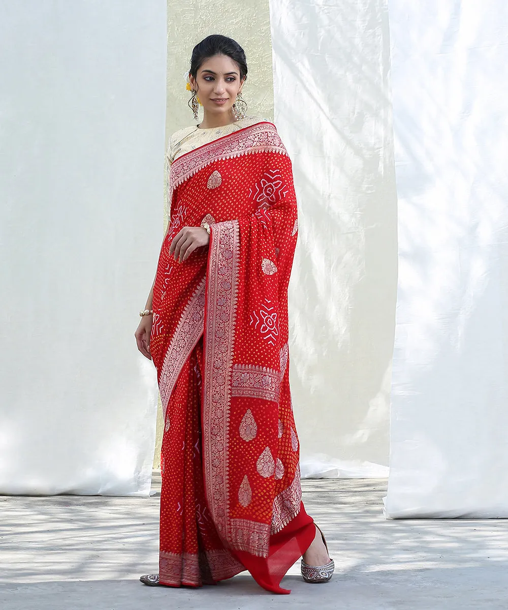 Red Handloom Georgette Banarasi Bandhej Saree with Kadhwa Booti