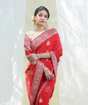 Red Handloom Georgette Banarasi Bandhej Saree with Kadhwa Booti