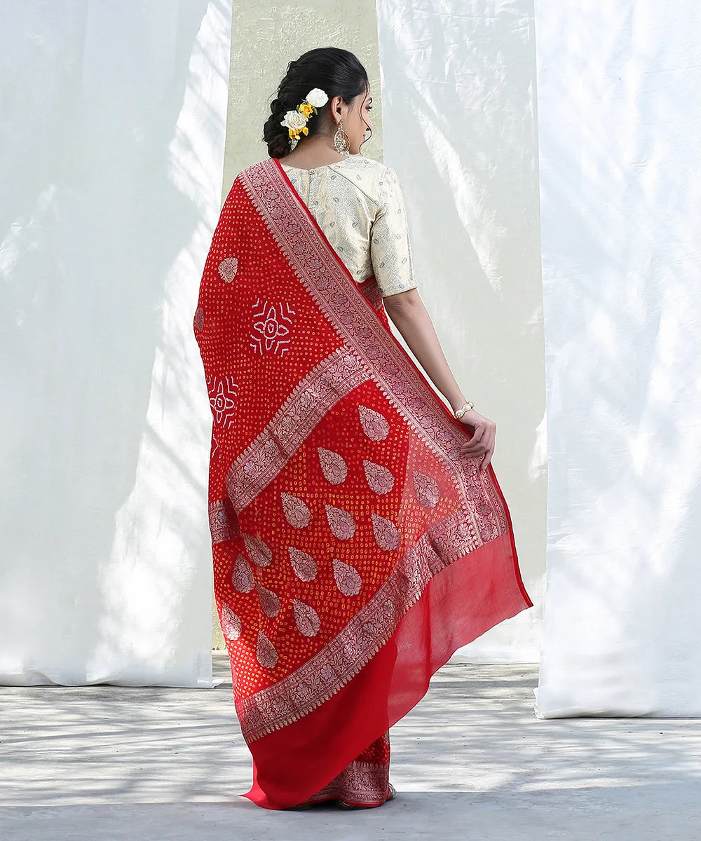 Red Handloom Georgette Banarasi Bandhej Saree with Kadhwa Booti