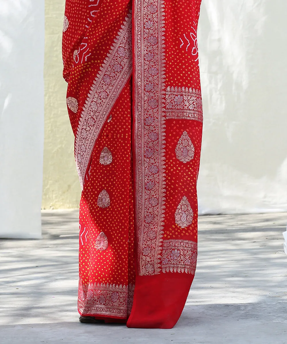 Red Handloom Georgette Banarasi Bandhej Saree with Kadhwa Booti