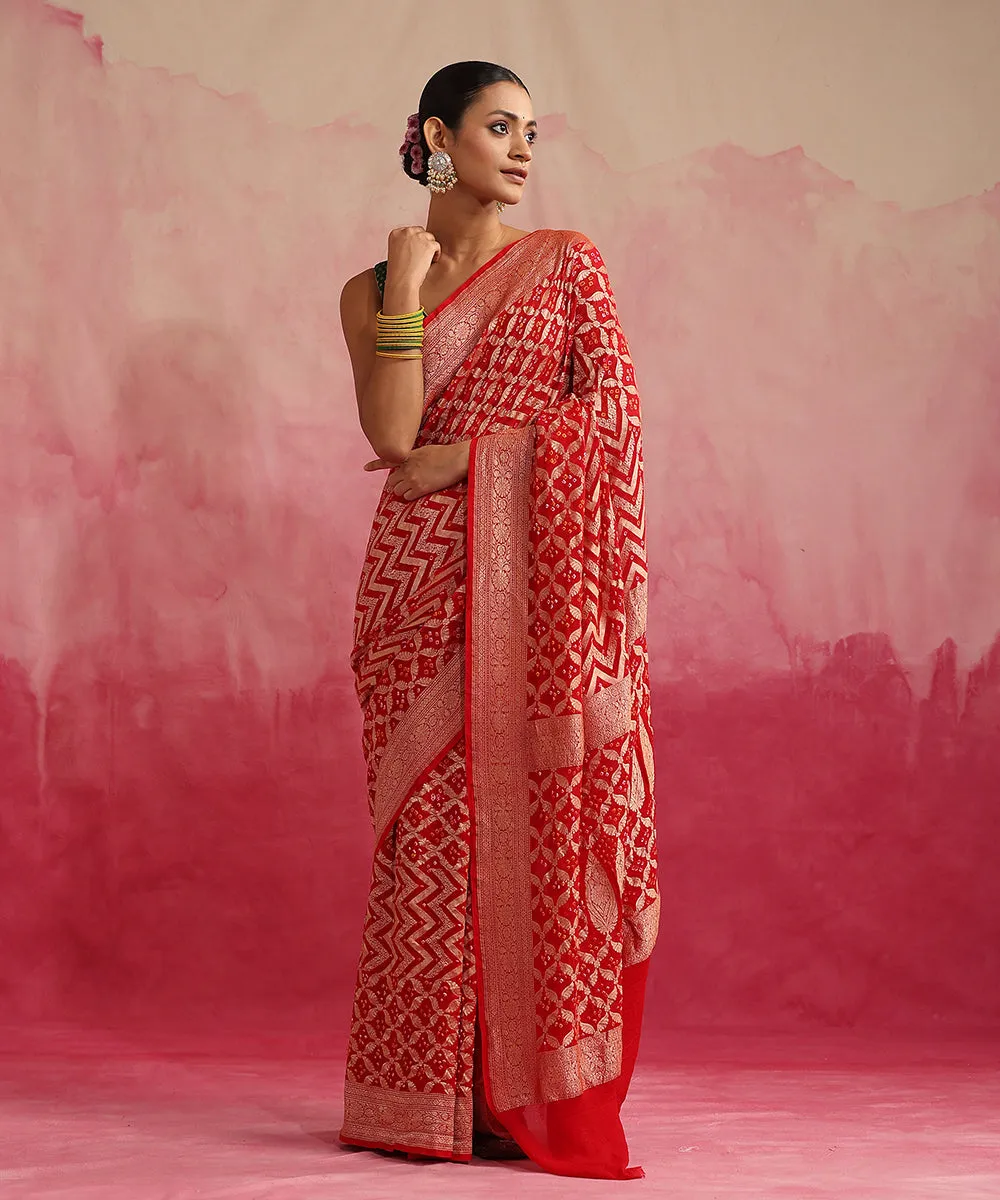 Red Handloom Pure Georgette Banarasi Bandhej Saree