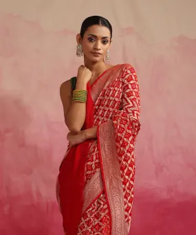 Red Handloom Pure Georgette Banarasi Bandhej Saree