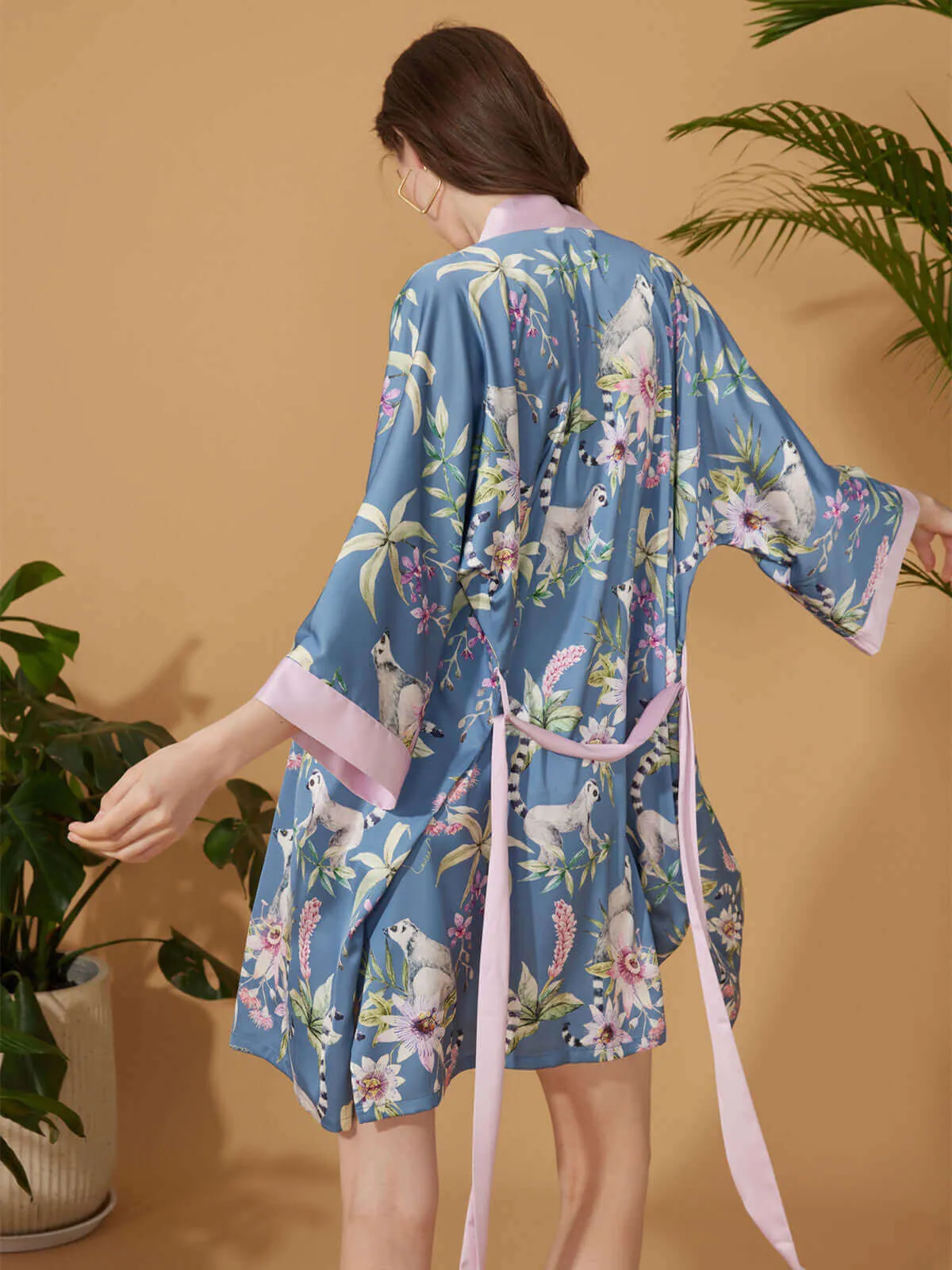 Short Kimono Robe Blue Forest