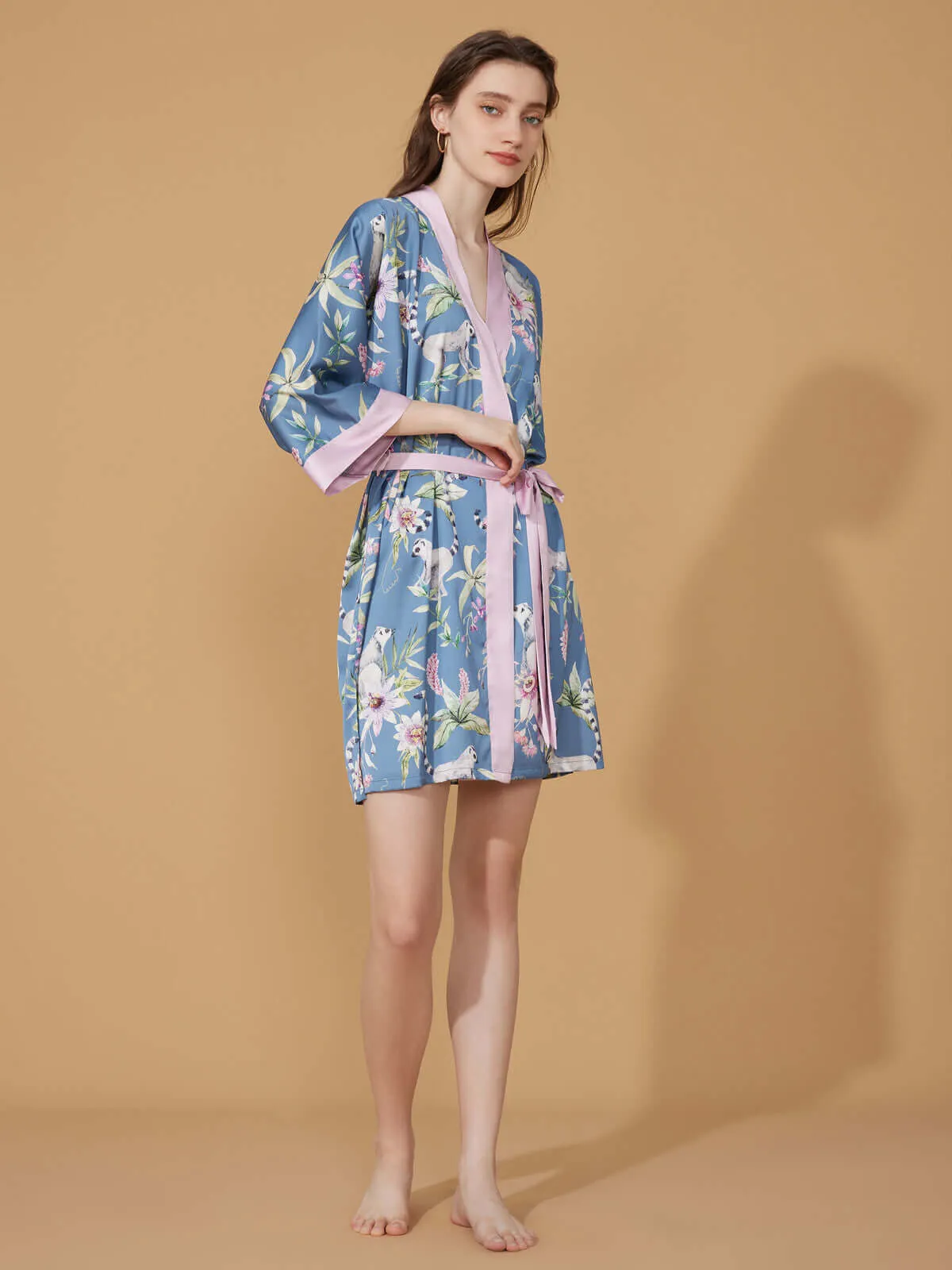 Short Kimono Robe Blue Forest