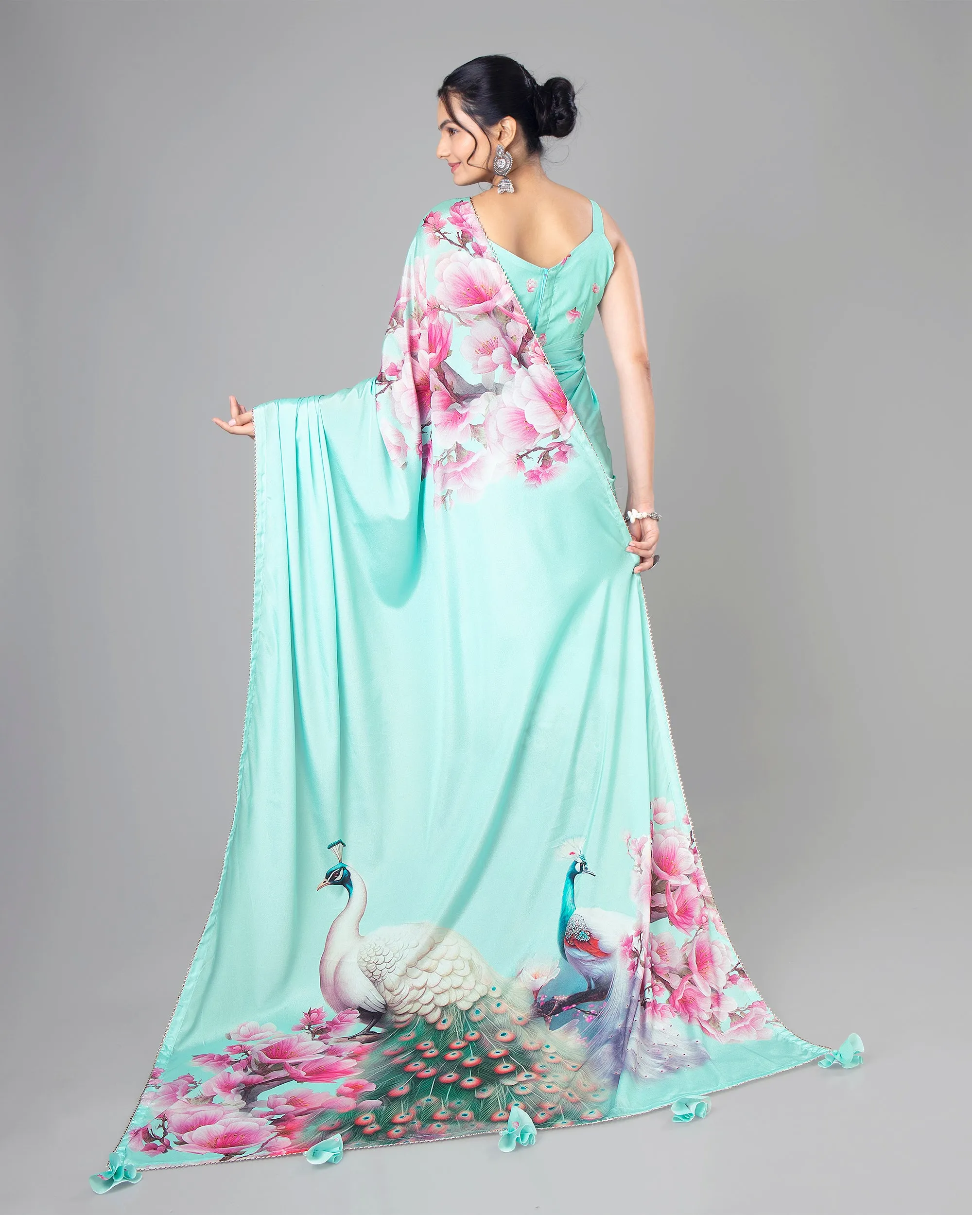 Stylish Peacock Designer Pre-Draped Silk Saree