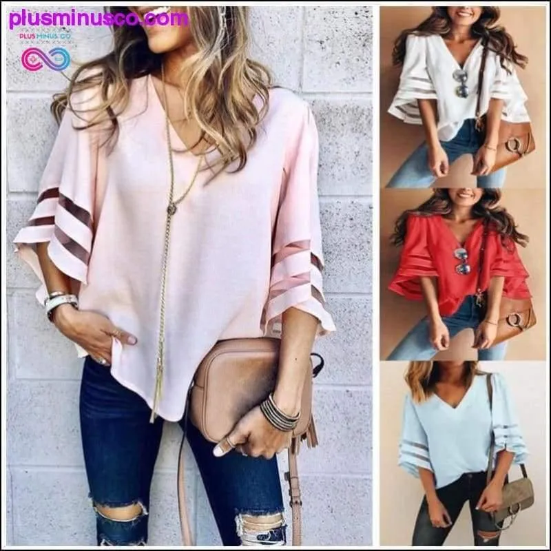 Women Casual Loose V Neck Kimono Chiffon Blouse Lady Summer