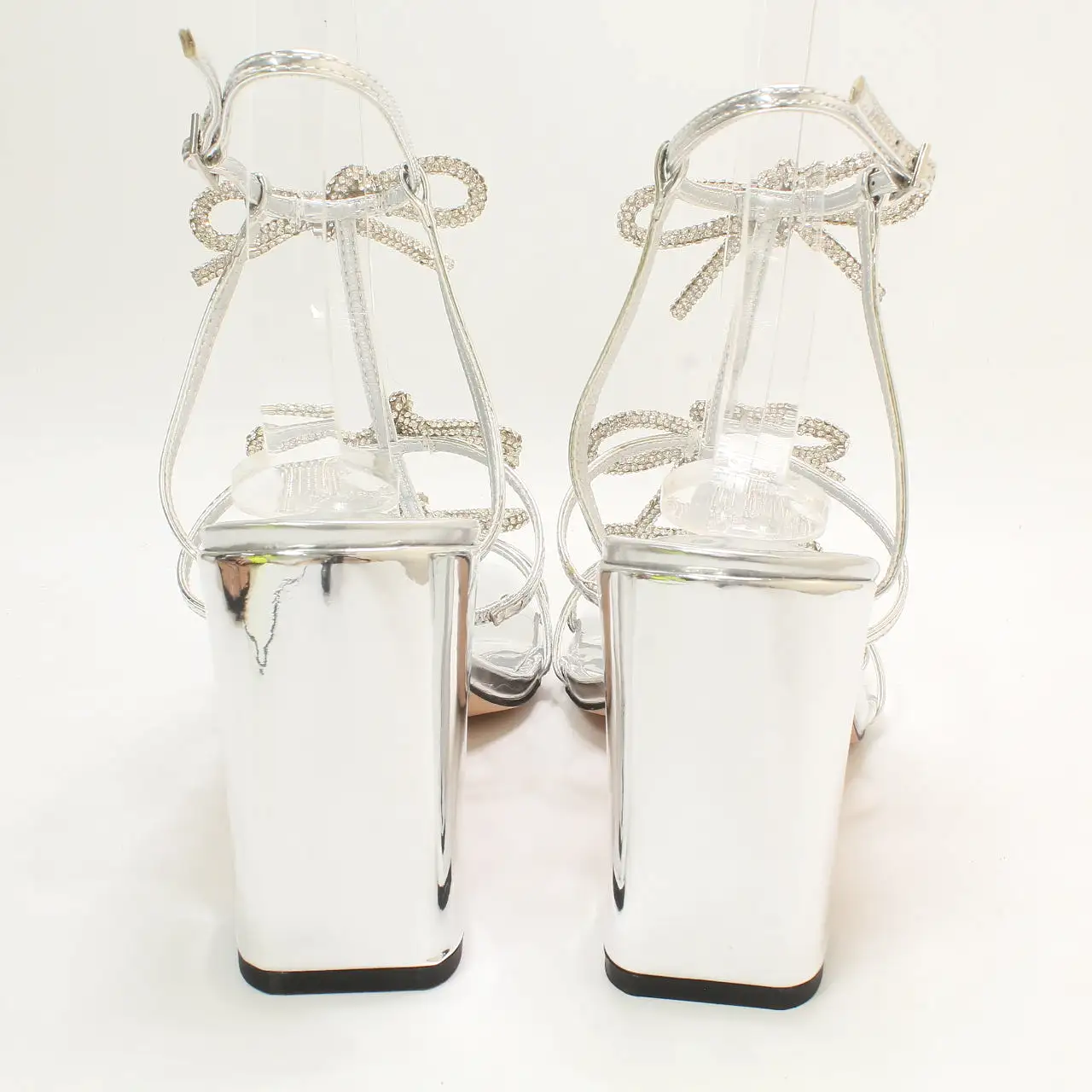 Womens Office Henley Bow Detail Block Heels Sandals Silver