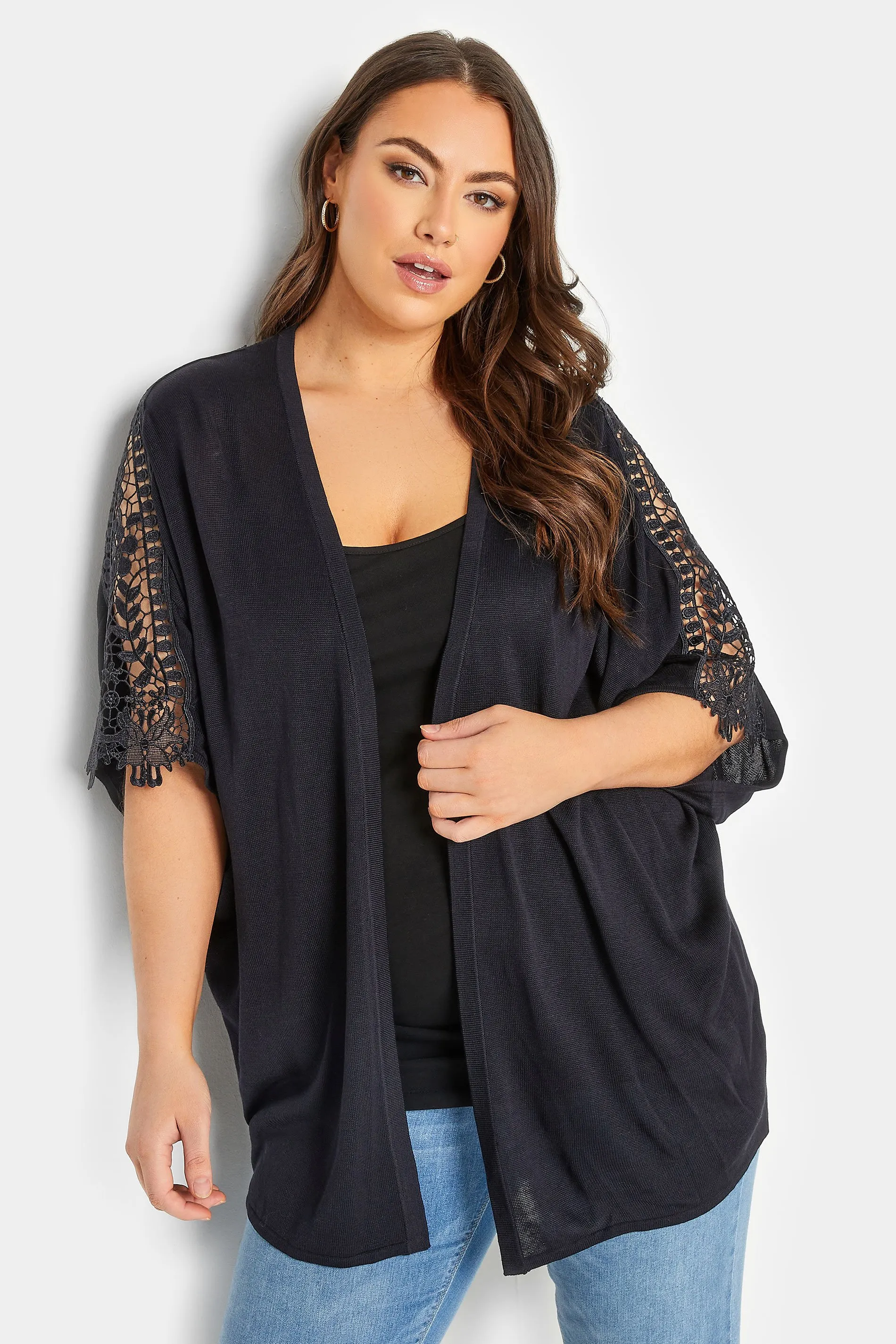 YOURS Curve Navy Blue Crochet Sleeve Kimono