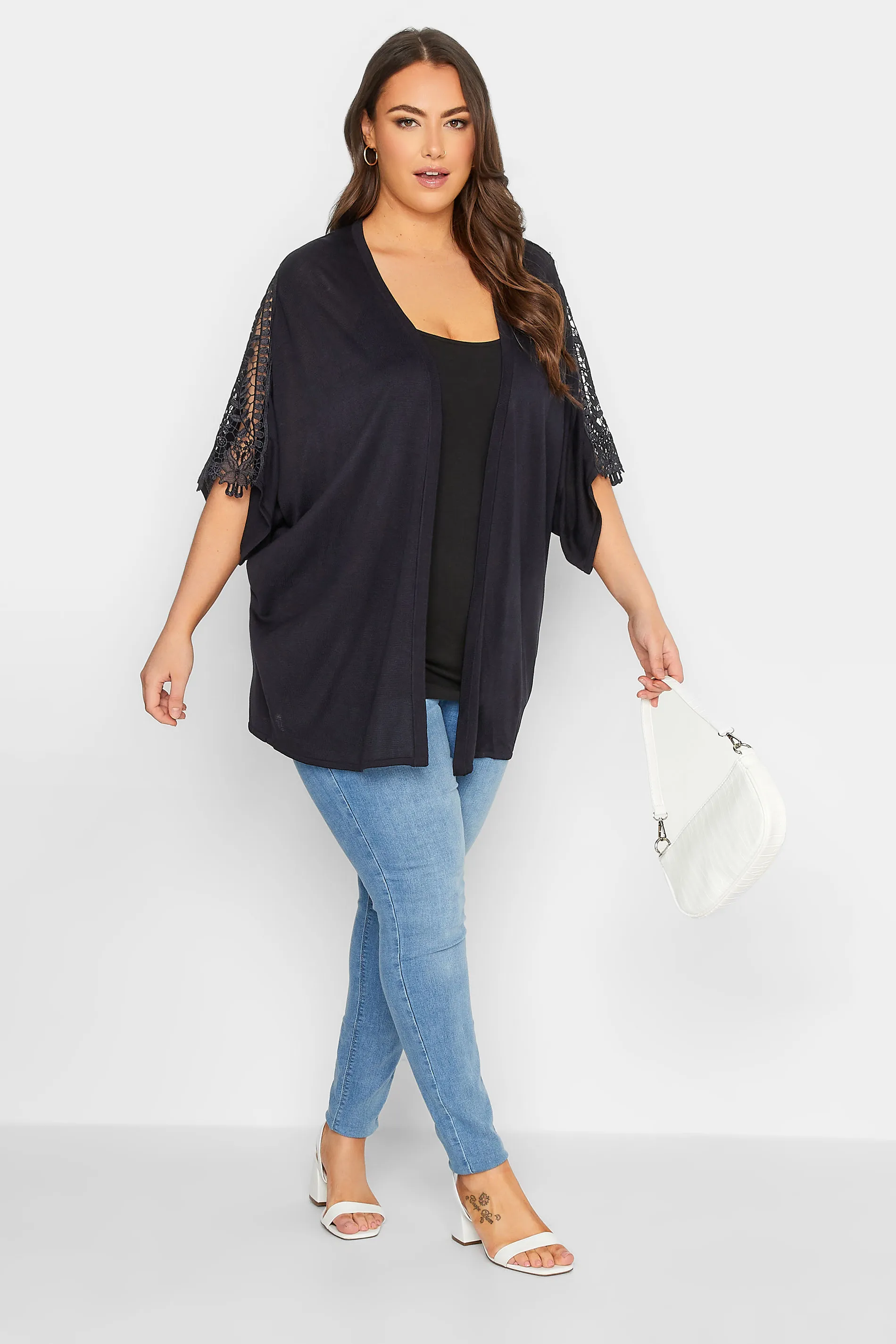 YOURS Curve Navy Blue Crochet Sleeve Kimono