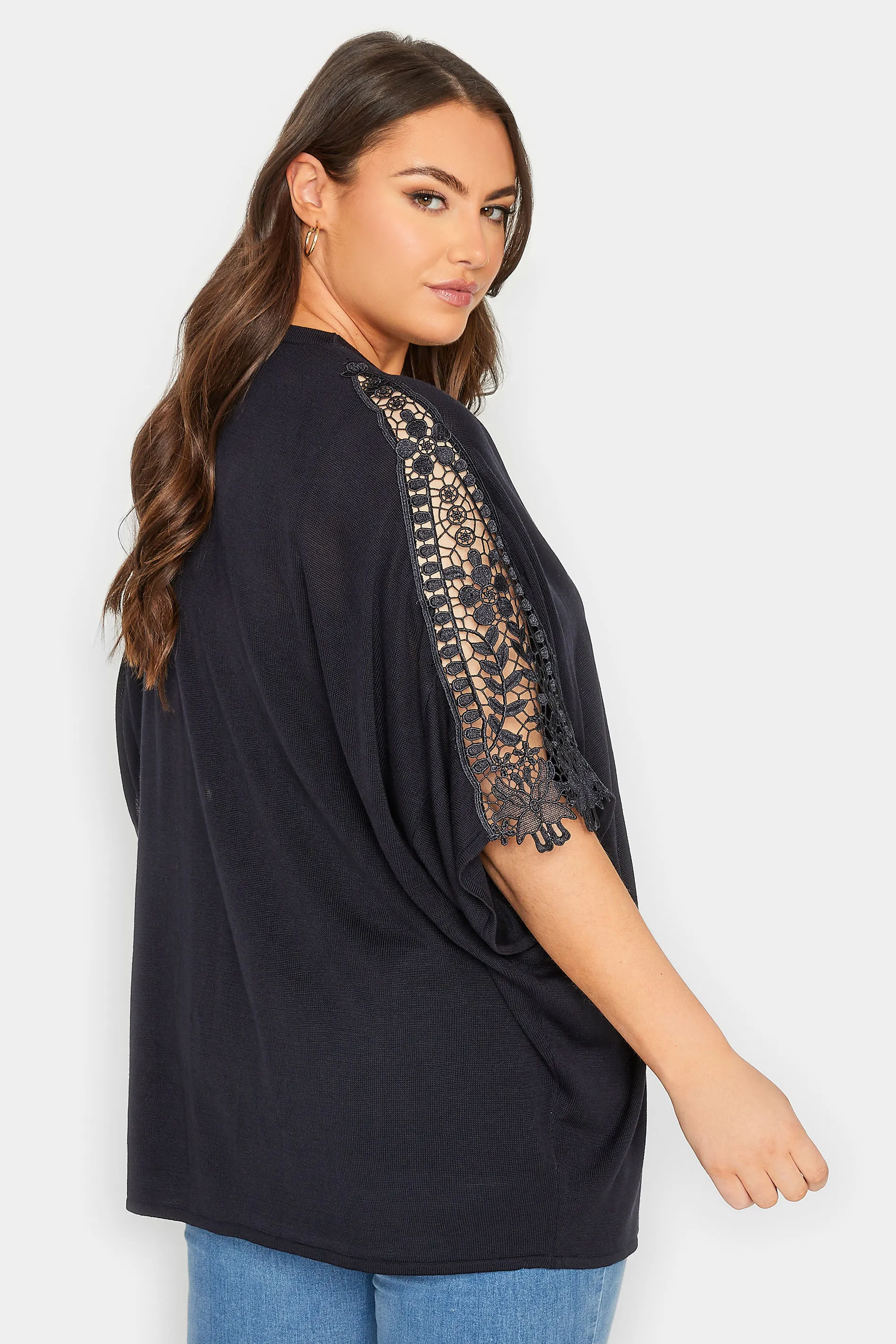 YOURS Curve Navy Blue Crochet Sleeve Kimono